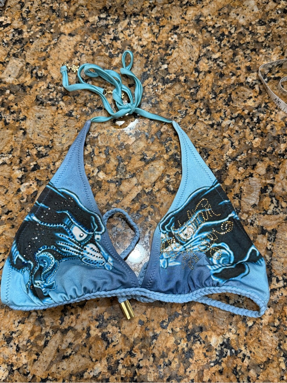 VTG Y2K Christian Audigier Sky Blue Dragon Rhinestone Bikini Top RARE